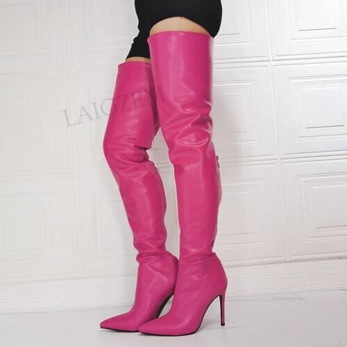 BERZIMER FASHION Women Thigh High Boots Back Zip High Heels Boots Party Club Dress Faux Leather Shoes Woman Size 41 43 45 47
