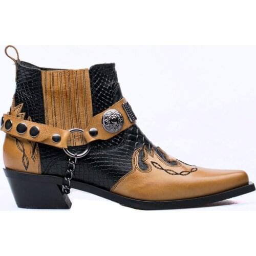 FootCourt Tan Black Women Cowboy Ankle Boots Genuine Printed Leather Pointed Toe Low Heel Stretch Boots Designer Shoes Handcraft