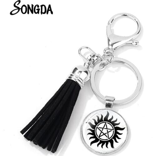 Steampunk Supernatural Sun Pentagram Keychain Dean Winchester Photo Glass Dome Key Chain High Quality Leather Tassel Key Holder