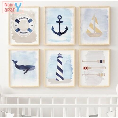 Baby Room Decoration Cartoon Whale Anchor Lighthouse Poster Wall Art Canvas Painting Printed Modular Pictures Modern Home Decor