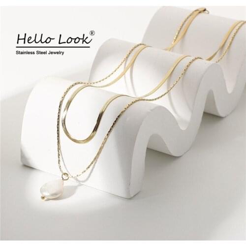 HelloLook Double Layer Snake Chain Necklace Freshwater Pearl Pendant Necklace Women Stainless Steel Necklace Choker Jewelry