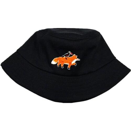 2021 Cartoon Fox Embroidery Cotton Bucket Hat Fisherman Hat Outdoor Travel Hat Sun Cap Hats for Men and Women