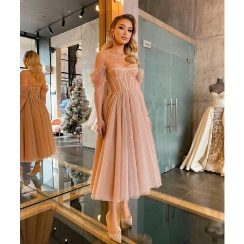 Champagne Cocktail Dresses Off the Shoulder Tea Length Beaded Prom Dress A Line Custom Made Elegant Homecoming Gowns