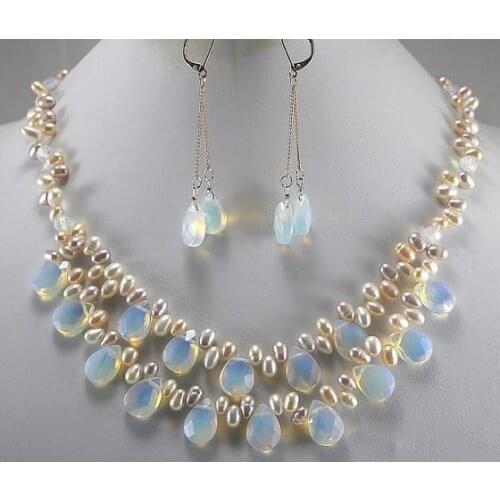 Charming Pearl Jewelry Set 2 Rows Cultured Pearl White Opal Necklace Earrings Set