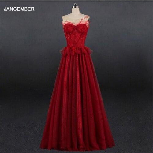 LSDZ41 JANCEMBER A-Line Simple Red Elegant Tank Sleeveless Evening Dress 2021 Sequined Floor-Lenght Lace Up Back
