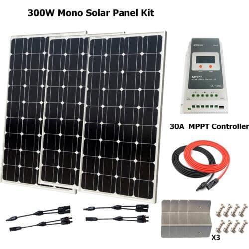 Solar Battery 300W Monocrystalline Solar Panel Kit: 300w solar panels+MPPT 30A Solar Controller+Accessories Boat Cabin Camping