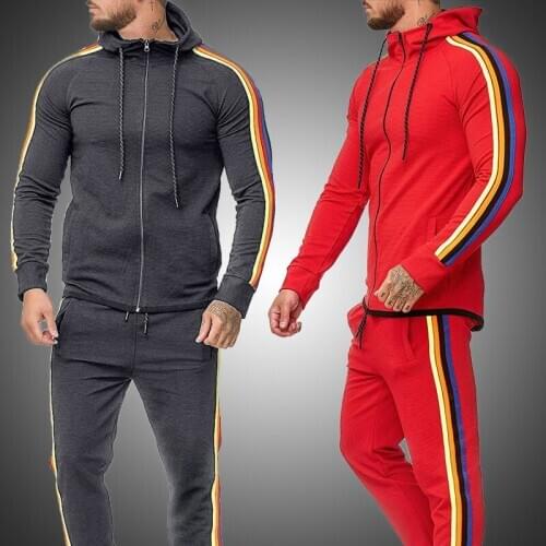 Autumn Men Fashion Striped Long Sleeve Hoodies+Pants Sets Male Zipper Tracksuit Sport Suit Mens Gyms Set Casual Sportswear Suit