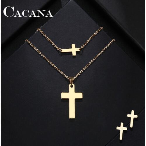 CACANA Stainless Steel Sets For Women Cross Shape Necklace Bracelet Earring Jewelry Lovers Engagement Jewelry