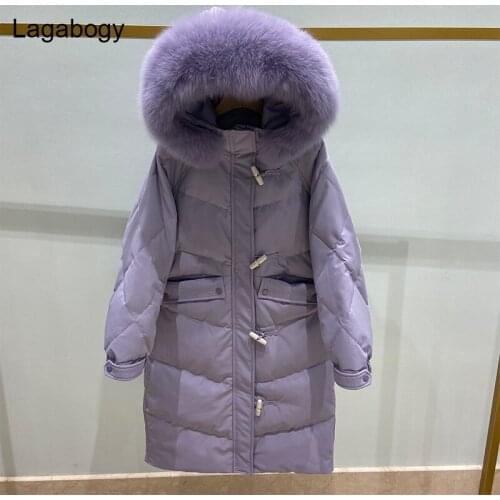 Lagabogy 2021 New Winter Women 90% White Duck Down Parka Female Thick Warm Hooded Puffer Jacket Real Fox Fur Windproof Snow Coat
