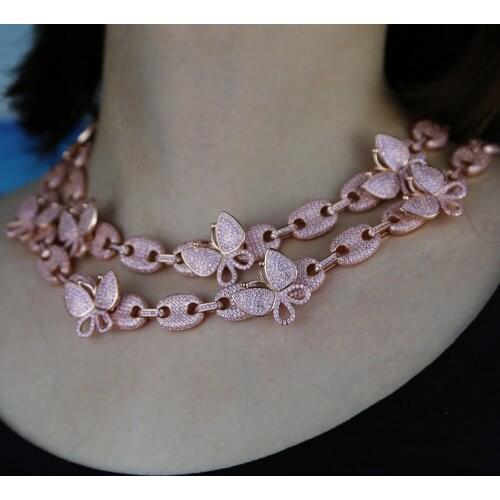 Wholesale women butterfly choker necklace with pink cz paved pink cuban chain choker for hip hop wedding jewelry gift