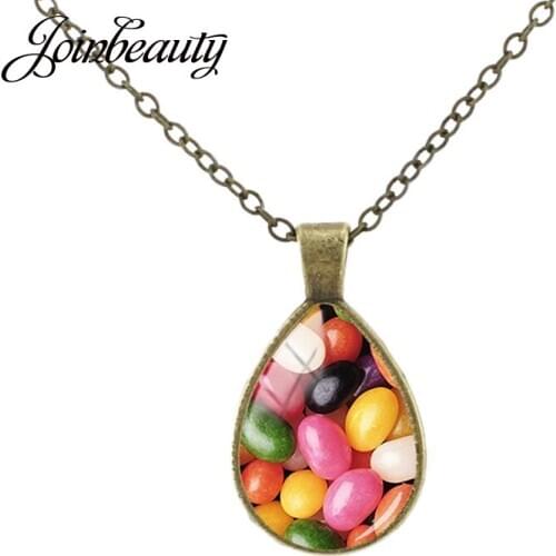 JOINBEAUTY Colorful Stone Sweet Cute Pattern Necklaces Tear Drop Pendant Jewelry Vintage Glass Necklace For Girl Gifts DR257