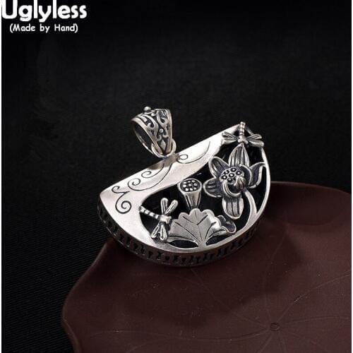 Uglyless 100% Real 925 Sterling Silver Dragonfly Pendants Necklaces NO Chain Ethnic Semicircle Pendant Thai Silver Lotus Jewelry