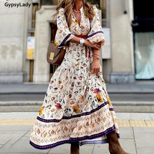 GypsyLady Vinatege Floral Print Maxi Dress Long Lantern Sleeve Holiday Women Dress Deep V Sexy Ruffles Ladies Beach Dress 2021