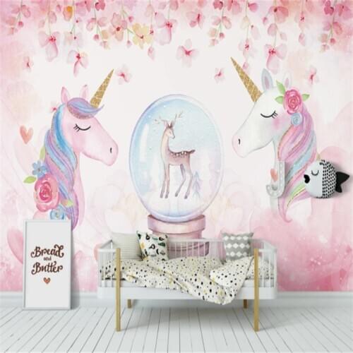 Custom Mural Wallpaper Watercolor Unicorn Childrens Room Background Wall Painting