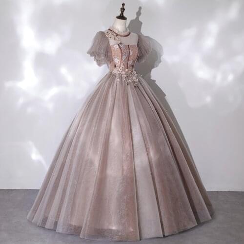 Luxury bubble sleeve embroidery beading lace flower ball gown opera medieval Renaissance Victoria dress ball gown