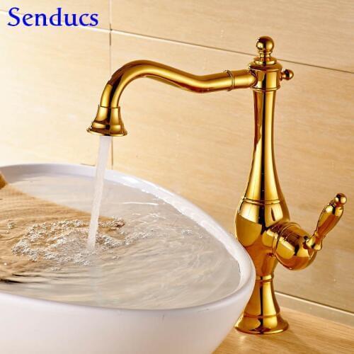 Senducs Luxury Gold Kitchen Mixer Tap Quality Brass Kitchen Sink Faucet for Hot Cold Kitchen Faucet Single Handle Kitchen Taps