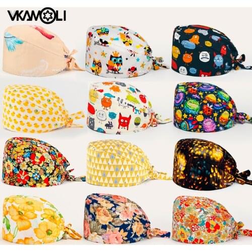 Wholesale Unisex Health Workers Frosted Hat Lab operator work cap Beauty salon Print Hat adjustable Scrub Cap working Clean hat