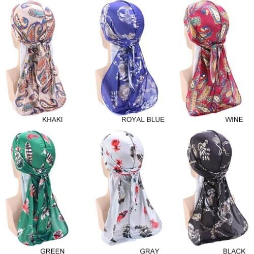 Silk Print Long Tail Pirate Cap Cape Polyester For Men Ladies 6 Colors Fashion Headwear Scarf New Hat Lmitation Turban