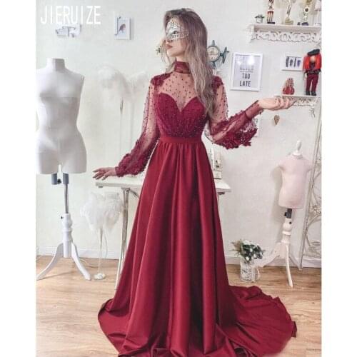 JIERUIZE Burgundy Prom Dresses High Neck Long Sleeve With Pearls Keyhole Back Sheer Evening Gowns Formal Dresses Robe De Soiree