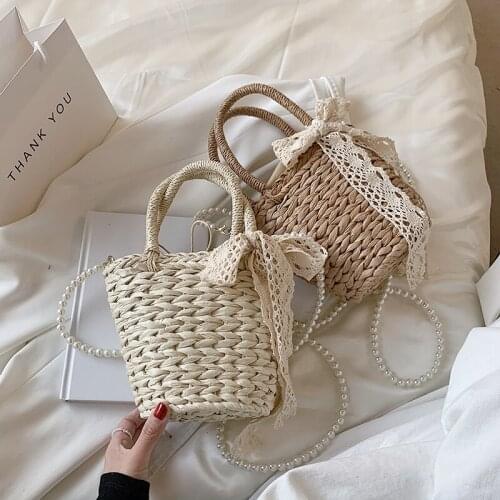 2021 Summer Women Straw Rattan Bucket Crossbody Bag with Short Beading Handle Hand-woven Shoulder Purses and Handbags Basket