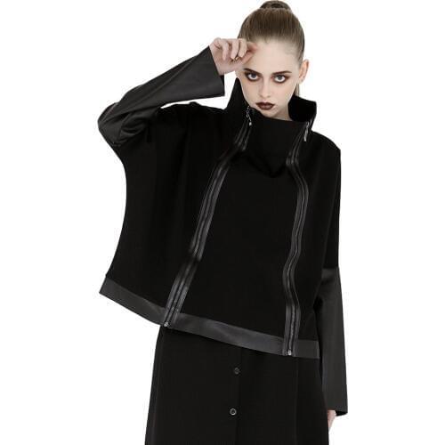 Punk Cool Female Sweatshirt With Double Zippers Black Cotton PU Leather Patchwork Loose Size Motorcycle Sweatshirts New Arrival