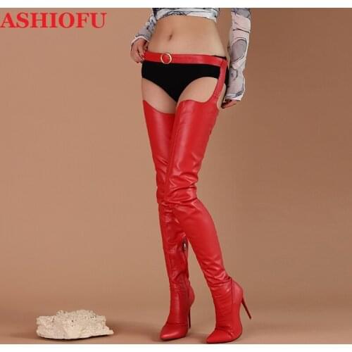 ASHIOFU New 2020 Hot Sale Ladies Stiletto Heels Boots Night-club Stripper Waist Pants Boots Evening Pole-dance Fashion Red Boots