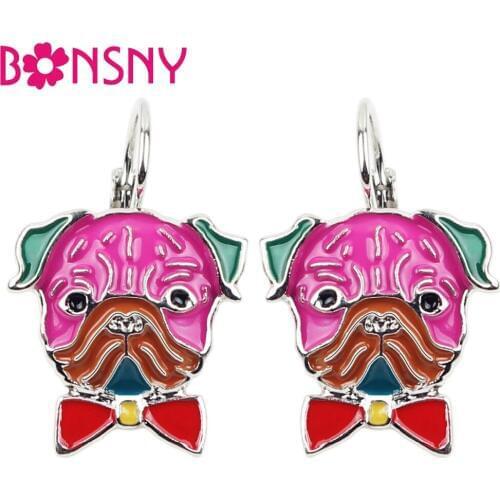 Bonsny Enamel Alloy French Bulldog Pug Dog Stud Drop French Clip Earrings Fashion Animal Jewelry For Girls Women Ladies Bulk