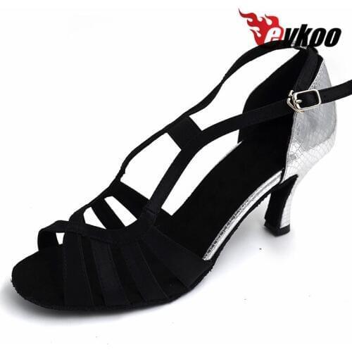 2017 Girls Dance Shoes meduim width size US4-12 Black Satin Silver PU latin Ballroom women dance shoes Evkoo-462