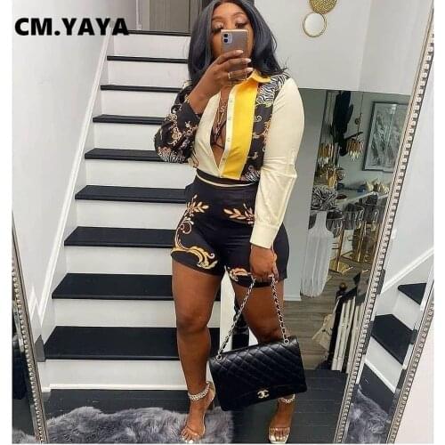 CM.YAYA Women Set Print Full Sleeve Turn-down Collar Shirts Straight Shorts Two 2 Piece Sets Fashion Tracksuit Summer Outfits