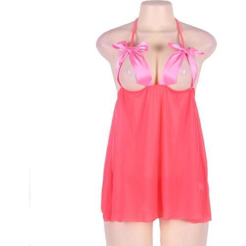 Pink Open Cup Lace Halter Sexy Lingerie Hot Costumes Plus Size Transparent Backless Bowknot Erotic Lingerie For Women Clothes