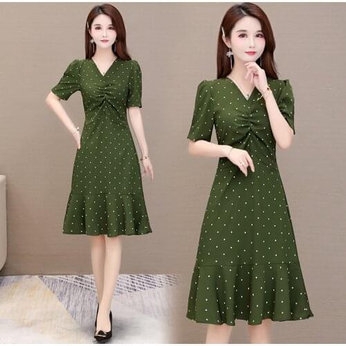 Womens Sexy V-neck Summer Dots Cute dress Green Elegant Vintage party Business office ladies work wear Slim Casual Party dresses