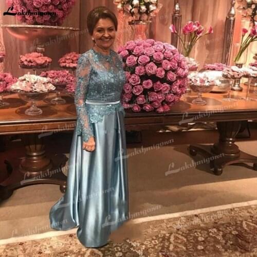 Illusion Silver O Neck Lace Beading Long Sleeve Mother Of The Bride Dress for weddings Elegant vestidos para madre de novia 2021