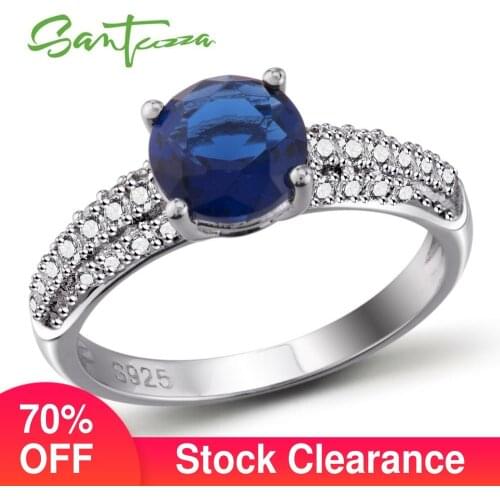 SANTUZZA Silver Ring For Women 925 Sterling Silver Round Blue Glass White Cubic Zirconia Party Delicate Fine Jewelry