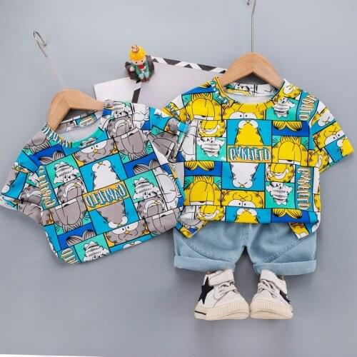 2021 Summer Fashion 0-5Years Infant Kids Clothes Set Baby Boys Cool Cartoon T-shirt+denim Shorts Toddler Girls Clothing Suits