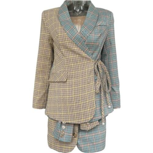 Collision New Chequered Personality Suit Two piece Put in Belt strap Coat High waist Irregular Miniskirt Suit for Women