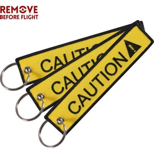 Embroidery Car Keychain CAUTION Key chain yellow Keyfob keyring for Moto llavero coche Luggage tags OEM ATV Gift 3pcs/lot