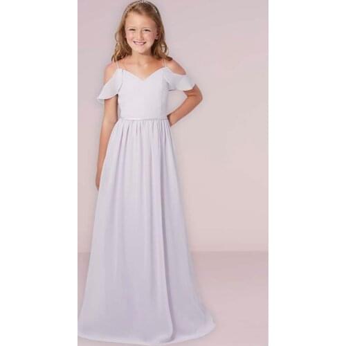 White Cheap Junior Bridesmaid Dresses Under 50 A-line Spaghetti Straps Ruffles Floor Length Chiffon Long Wedding Party Dresses
