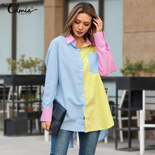 Celmia Contrast Color Long Shirt Plus Size Women Asymmetrical Hem Long Sleeve Tops 2021 Fashion Casual Loose Patchwork Shirts