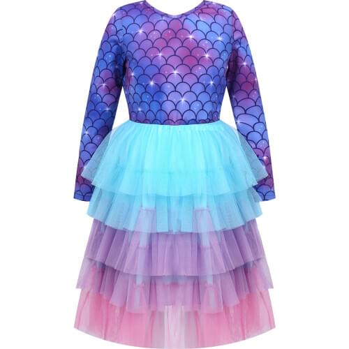Kids Cute Long Sleeve Mesh Cartoon Princess Dress Up Children Girls Halloween Anime Cosplay Birthday Party Mermaid Costume