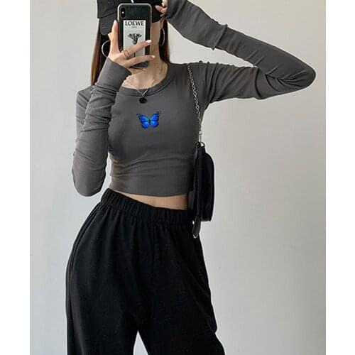 O Neck Tee Women Butterfly Top Sexy Cotton Fashion Long Sleeve T-shirt for Lady Tops Clothes Graphic Tees Hip Hop 90s Pant Set