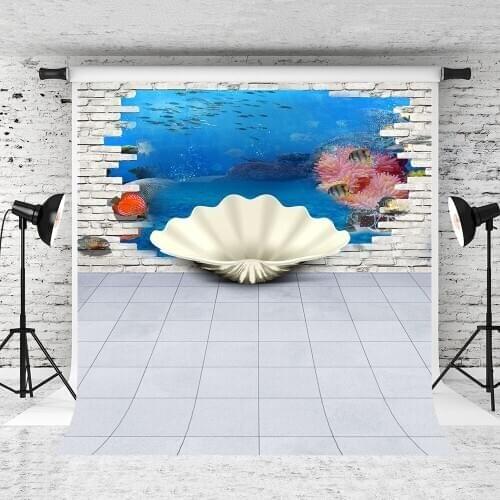 VinylBDS 3d Shell Brick Wall Photography Backdrop Brick Floor Underwater World Photo Studio Backdrop For Children Backdrop