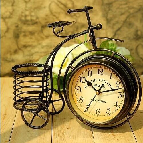 Creative Clock, Iron Bicycle, Pen holder Clock, Ornaments, Garden, Double Side, Mute, Home Room Clock, and Storage