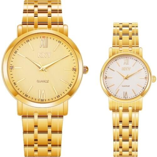 Hottest)Classic Couple Watch Men and Women Casual Gold Quartz Watch Unisex Stainless Steel Lovers Fashion Wrist Watches 2021