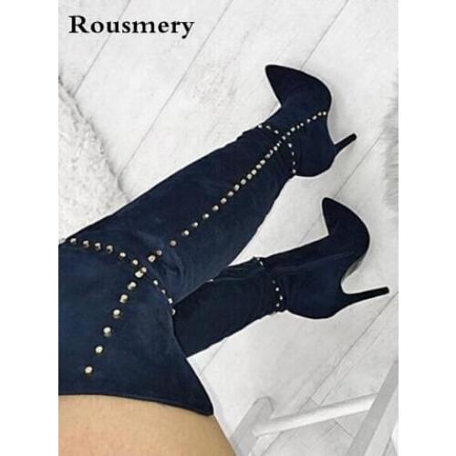Hot Design Suede Boot Over The Knee Pointed Toe High Heel Booties Spiked Shoes Woman Rivet Studs Stilettos Thigh High Boots