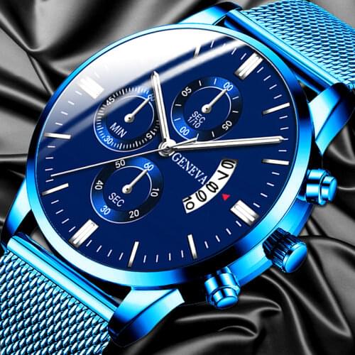 2020 Mens Fashion Business Calendar Watches Luxury Blue Stainless Steel Mesh Belt Analog Quartz Watch relogio masculino