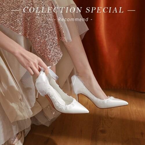 Spring new white silk stiletto high-heel pointed toe all-match single shoes ladies pearl bow banquet dress bridal wedding shoes