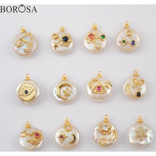 BOROSA 10Pcs Gold Plating Natural Pearl With Multi CZ Charm Natural Freshwater Pearl Beads for Necklace Earrings Jewelry G1887