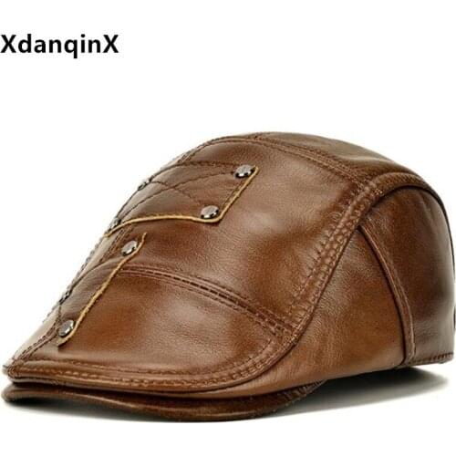 Autumn Winter Natural Genuine Leather Hat Mens Cowhide Berets Adjustable Size Casual Leather Cap Plus Velvet Warm Earmuffs Caps