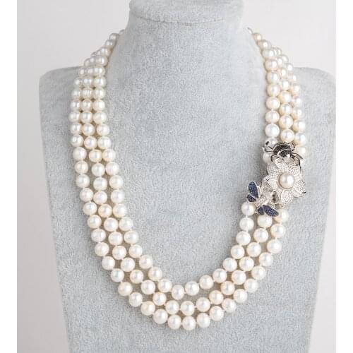 3 Strands 8-9MM Round White Pearl CZ Connector Necklace