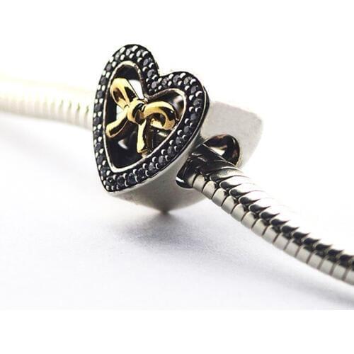 Clear CZ Bound By Love Heart Beads for Charms Bracelets Women Silver 925 Jewelry Golden Shine Bow Charm Beads for Jewelry Making